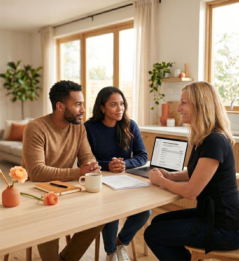 First-time home buyers reviewing mortgage paperwork together at home